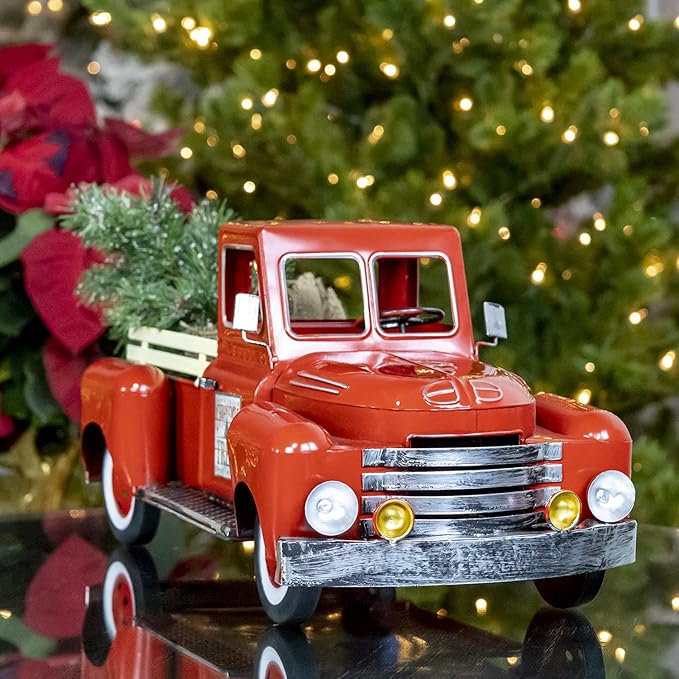 Zaer Ltd. Red Metal Christmas Pickup Truck Decoration (Medium 18" Long)