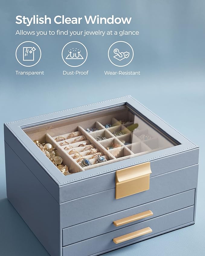 SONGMICS GISELLA Collection - Jewelry Box Organizer, 3-Layer Jewelry Storage with 2 Drawers, Shiny Metal Hardware, Glass Lid, Modern, 8 x 9.1 x 5.3 Inches, Smoky Blue and Gold Color UJBC239Q01