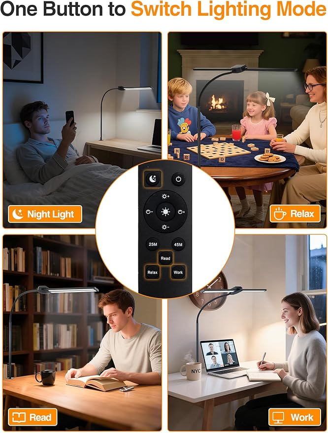 Desk Light with 5 Color+9 Brightness，Desk Lamps for Home Office, 1200 Lumen & 108 LED Desk Lamp, Remote Control+Timer Monitor Light, Clamp Lamp for Desk, Computer, Reading, Study, Workbench