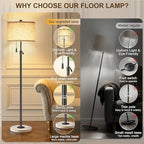 Floor Lamp for Living Room - Adjustable Height Standing Lamp with Marble Base & Linen Shade - Tall Pole Floor Light with 3 Color Temperatures Bulb for Bedroom, Reading - Easy Assembly