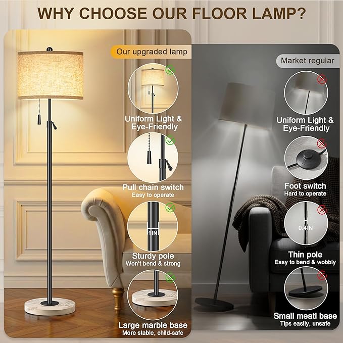 Floor Lamp for Living Room - Adjustable Height Standing Lamp with Marble Base & Linen Shade - Tall Pole Floor Light with 3 Color Temperatures Bulb for Bedroom, Reading - Easy Assembly
