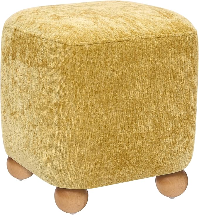 Cube Pouf Ottoman with Wooden Leg,Chenille Fabric Vanity Stool-Upholstered Floor Chair,Square Footstool Pouf with Acacia Wood Frame(500Lbs),Small Coffee Table Ottoman for Living Room