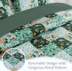 Exclusivo Mezcla Reversible Boho Quilts Twin Size, Green Bedspreads Lightweight Coverlet All Season Patchwork Quilt Bedding Set with Printed Floral Pattern (1 Quilt, 1 Pillow Sham)