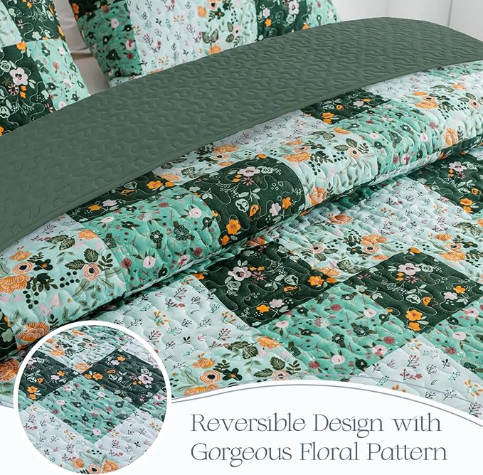 Exclusivo Mezcla Reversible Boho Quilts King Size, Green Bedspreads Lightweight Coverlet All Season Patchwork Quilt Bedding Set with Printed Floral Pattern (1 Quilt, 2 Pillow Shams)