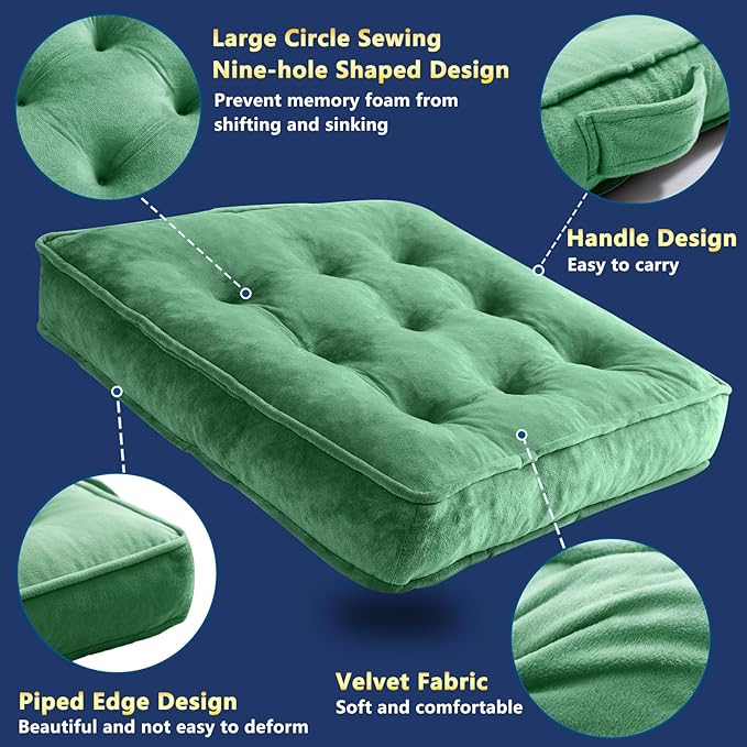 Floor Pillow Set of 2, Memory Foam Meditation Cushion, Floor Cushions for Adults Sitting, Large Square Seat Cushions for Yoga, Living Room, 22x22 Inch (Green)
