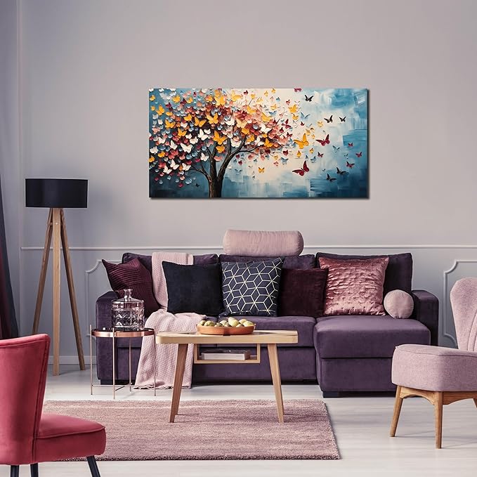Butterfly Tree Canvas Wall Art for Living Room Bedroom Home Office Blue Colorful Tree of Life Wall Art Modern Large Framed Canvas Prints Size 20x40