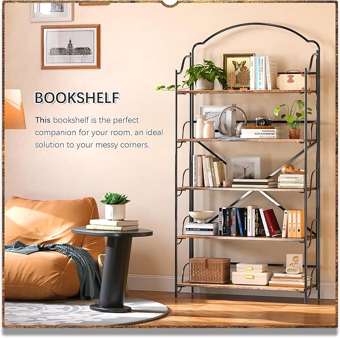 4NM No Assembly Extra Wide Folding Bookshelf for Living Room, 5 Tiers Collapsible Book Shelves Open Industrial Foldable Bookcase Storage Shelf for Home Office - Rustic Brown Black
