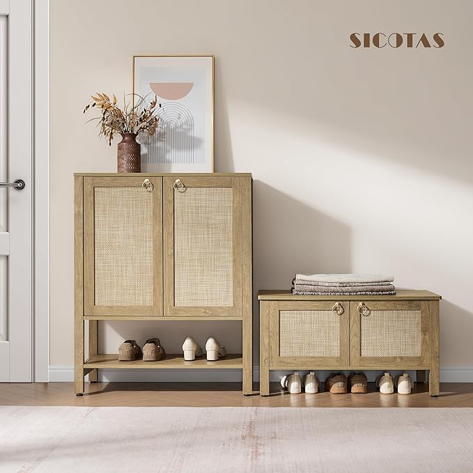 SICOTAS Rattan Shoe Rack Bench with Lift Top Storage: Farmhouse Boho Wide Shoe Cabinet Entryway Bench with Safety Hinges, Wooden Storage Chest for Bedroom, Entryway, Hallway, Living Room