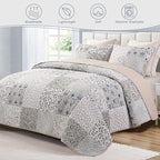 Exclusivo Mezcla Reversible Boho Quilts Twin Size, Gray Bedspreads Lightweight Coverlet All Season Patchwork Quilt Bedding Set with Printed Floral Pattern (1 Quilt, 1 Pillow Sham)
