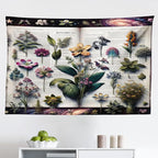 Ambesonne Botanic Tapestry, Wildflowers on an Open Vintage Book with Galactic Milky Way Swirls, Fabric Wall Hanging Decor for Bedroom Living Room Dorm, 45" X 30", Forest Green and Multicolor