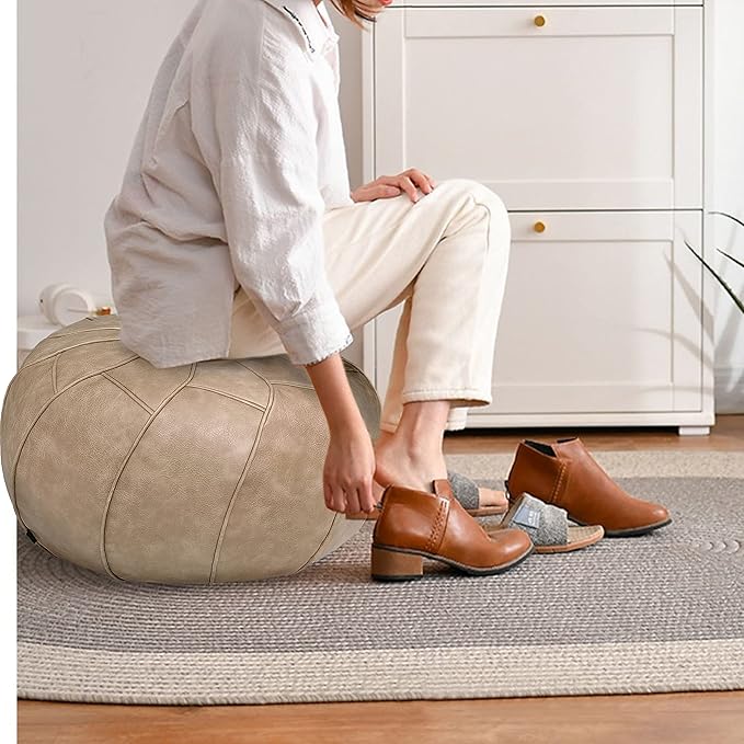 Thgonwid Round Unstuffed Pouf Cover, Leather Foot Stool Ottoman with Storage, Bean Bag Floor Chair, Multi Functional Footrest for Living Room, Bedroom or Balcony (Mushroom)