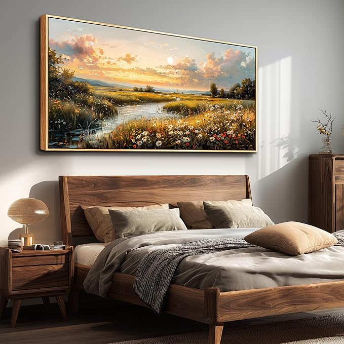 FUHAIHUA Wood Framed Canvas Wall Art For Living Room Wall Decor For Bedroom Office Wall Decoration Sunset Landscape Painting Farmhouse Pictures Artwork Room Aesthetic Home Decor 20x40 In
