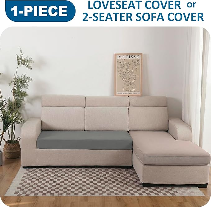 100% Waterproof Couch Cushion Covers, Stretch Sofa Seat Covers, Reversible Sofa Protector for Pets, Washable (Loveseat Cushion, Light Grey)