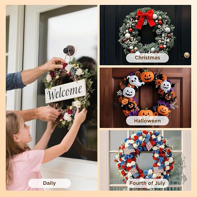 OUTXE Suction Cup Wreath Hanger, Heavy Duty Reef Hook for Front Door/Glass Window/Over Door/Outdoor, Christmas/Thanksgiving/Halloween/July 4th/Easter/Valentine/Fall/Summer/Spring (Walnut, 2-Pack)