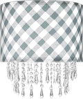 Teal & Grey Checkered Lamp Shade with Crystal Beaded Droplets, Drum Fabric Light Shade for Ceiling Pendant Table & Floor Lamps, Kid Boy Girl Teen Dorm Nursery Decor, 11.8in