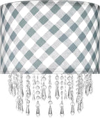 Teal & Grey Checkered Lamp Shade with Crystal Beaded Droplets, Drum Fabric Light Shade for Ceiling Pendant Table & Floor Lamps, Kid Boy Girl Teen Dorm Nursery Decor, 11.8in