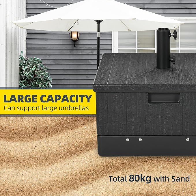 Outsunny 3-in-1 Outdoor Umbrella Base, Coffee End Table, Planter Box with Drain Hole, 175 lbs. Capacity Heavy Duty Fillable Patio Umbrella Stand Table with Wheels and Handles for Deck, Poolside, Black