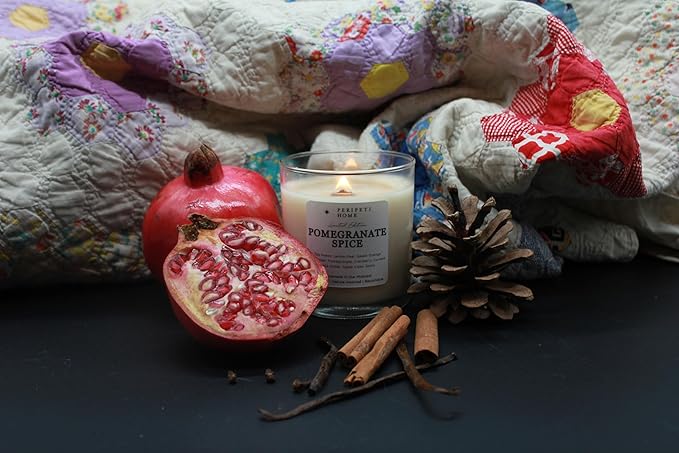 PERIPETI Home Pomegranate Spice Scented Candle, Wooden Wick – 8.5oz Natural Soy Wax for Energizing Aromatherapy, Long-Lasting Burn