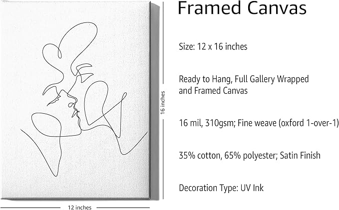 Y2K BOO Kissing Couple Wrapped Canvas Wall Art Romantic Intimacy Continuous Line Drawing 12x16 Inch Gallery Stretched Modern Home Love Art Decor