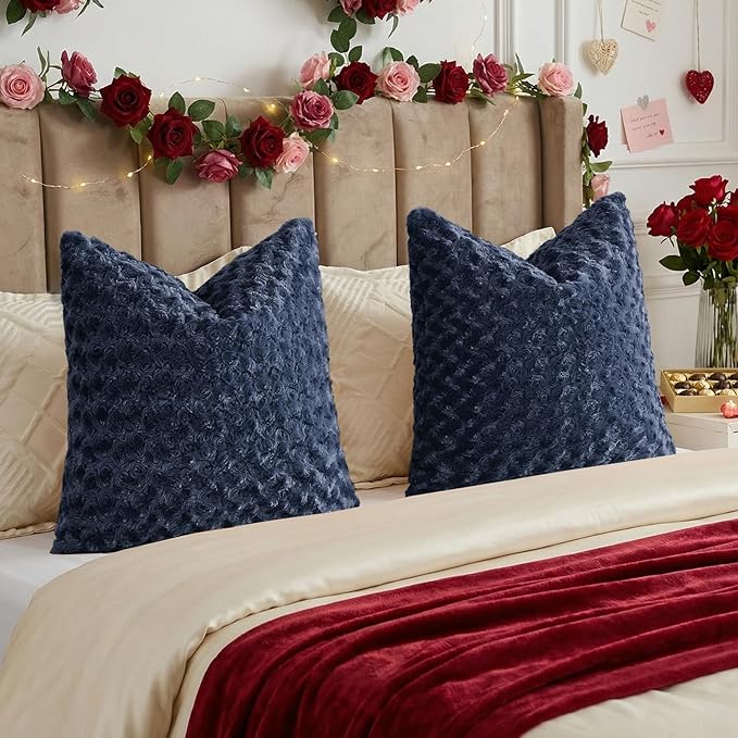 FUTEI Navy Blue Decorative Throw Pillow Covers 12x20 Inch Set of 2,Soft Solid Rose Swirl Textured Lumbar Pillow Case,Valentine's Day Decor for Couch Living Room