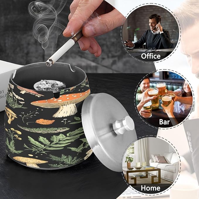 Mushrooms Skull Plants Black Ashtray with Lid, Outdoor Ashtrays for Patio, Stainless Steel Ashtray Odorless Smokeless for Home Office Balcony
