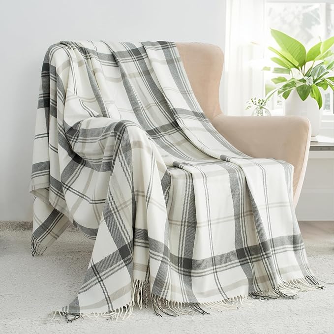 Grey and White Plaid Throw Blanket for Couch,50"X60" Super Soft Cozy Warm Home Decorative Throws with Tassels for Bed Sofa Picnic