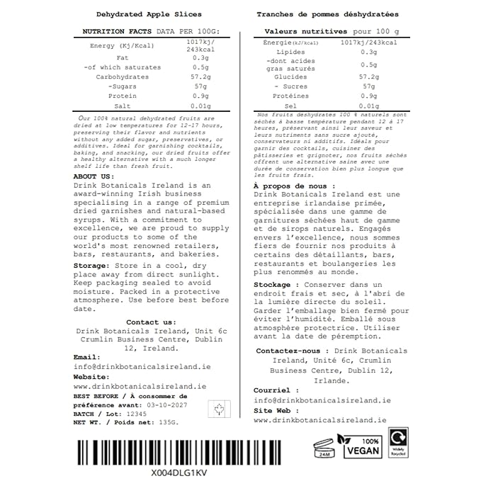Drink Botanicals Ireland | Dehydrated Dried Apple Slices | 40 + Slices | 100% Natural | Non GMO, Vegan | Apples for Garnishing Cocktails, Baking, Sauces, Cakes, Decoration | 135 Grams, 4.76 Oz | Jar