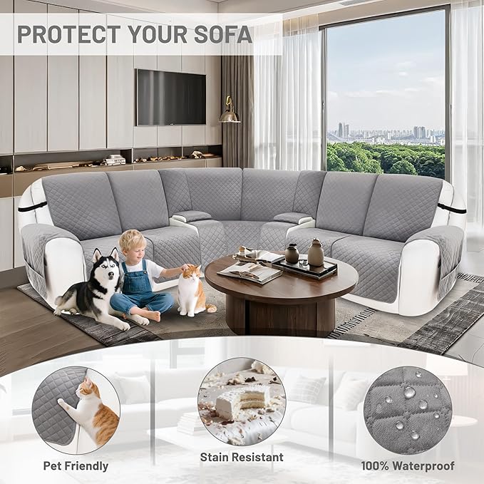 Reclining Sectional Couch Covers 100% Waterproof Velvet L Shape Recliner Couch Covers for Sofa Washable Anti Slip Recliner Slipcovers with Pockets (5 Seat Sofa with 2 Console, Silver Gray)