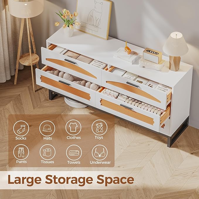 Mericonia 6 Drawer Double Dresser for Bedroom, Rattan Chest of Drawers, Modern Wooden Dresser Chest with Metal Frame for Bedroom, Living Room, Hallway and Entryway, White