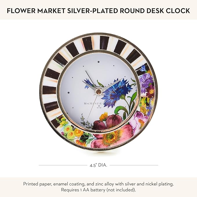 MACKENZIE-CHILDS Silver-Plated Round Desk Clock, Decorative Clock for Living Room, Kitchen, or Office, Courtly Stripe with Flower Market