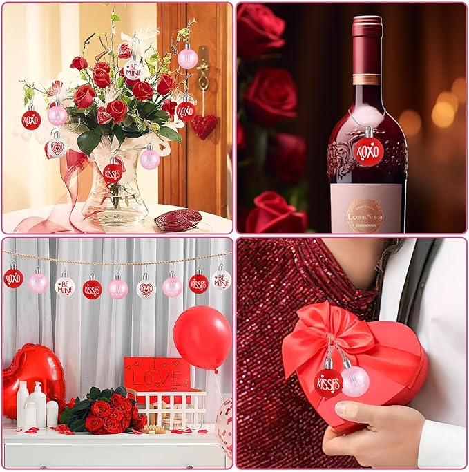 JULMELON 24 Pcs Valentine's Day Ball Ornaments, Red Pink White Heart Decorations with Letters, Plastic Hanging Orbs for Tree Party Supplies Valentine's Day Party Decor
