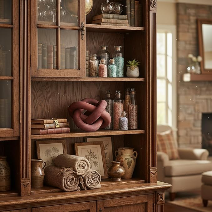 3 Link Wood Knot Decor Rustic Home Décor Accents Hand Carved Coffee Table Decoration, Boho Chain Link Decoration, Modern Shelf, Rustic Objects for Home Living Room Bedroom(Reddish-Brown)