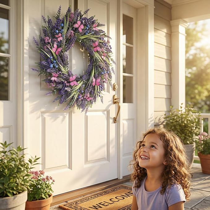 Lavender Wreaths for Front Door 24 Inch Spring Summer Wreath with Lavender,Berries, Butterflies,for Year-Round Use Indoors and Outdoors as Wall, Door, Window, Party and Wedding Decorations