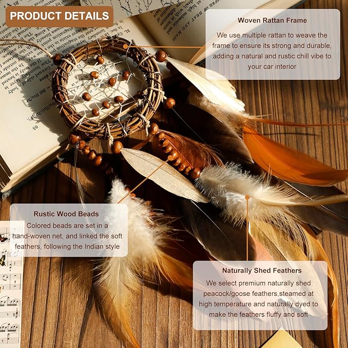 Mini Dream Catcher for Car Rear View Mirror Accessories - Handmade Small Brown Dreamcatchers Boho Car Charm Interior Decor, Native Ameican Indian Hanging Ornament Room Decor