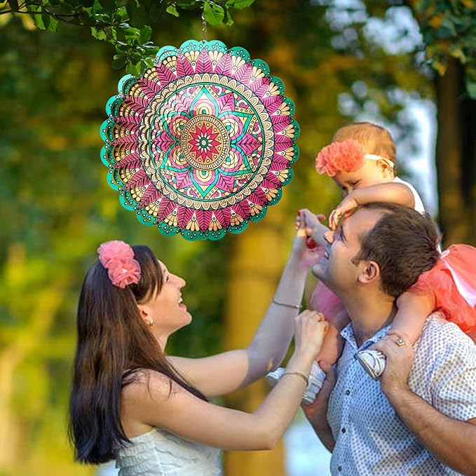 Mandala Manjusaka Wind Spinner - 12″ Stainless Steel Hanging Sculptures | 3D Kinetic Laser Cut Metal Art Decoration for Yard/Garden/Indoor, Creative Decor Gift
