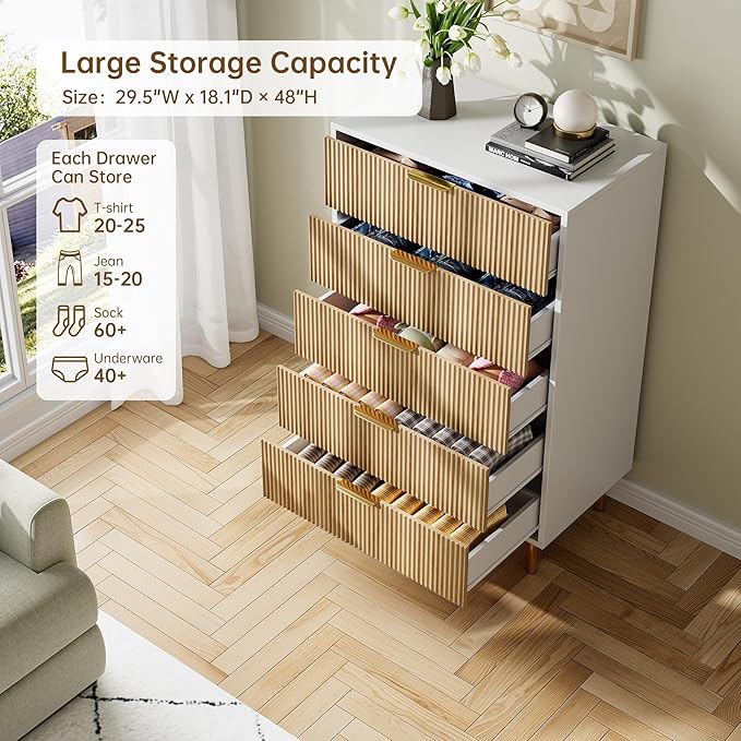 GarveeHome Natural Dresser, Modern 5 Drawer Dresser for Bedroom with Gold Handle and Large Drawer, Wood Double Chest of Drawers and Storage Organizer for Living Room, Hallway, Entryway