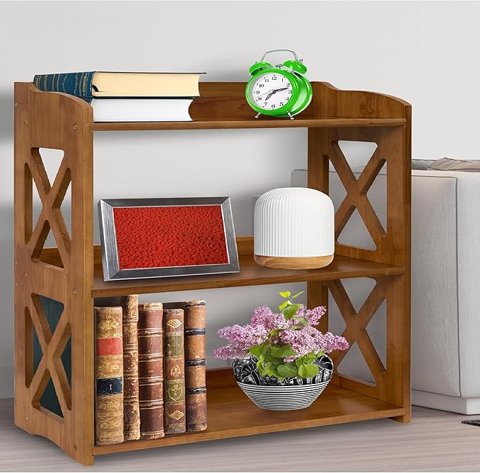 Brown Bookcase by Natural Wood, 4 Tier Bookshelf, Small Book Shelves Freestanding Display Storage Shelves. Open Bookshelf for Bedroom, Living Room and Office (Brown, 3 Tier)