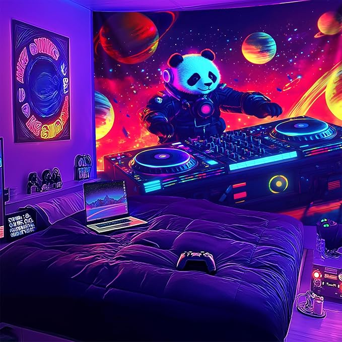 NYZE Panda Space Tapestry for Bedroom, Music Wall Tapestry, Party Decor Glow in the Dark Room Decor Tapestries, Cool Galaxy Planet Wall Hanging, Wall Hanging for Room Dorm 59in×51in