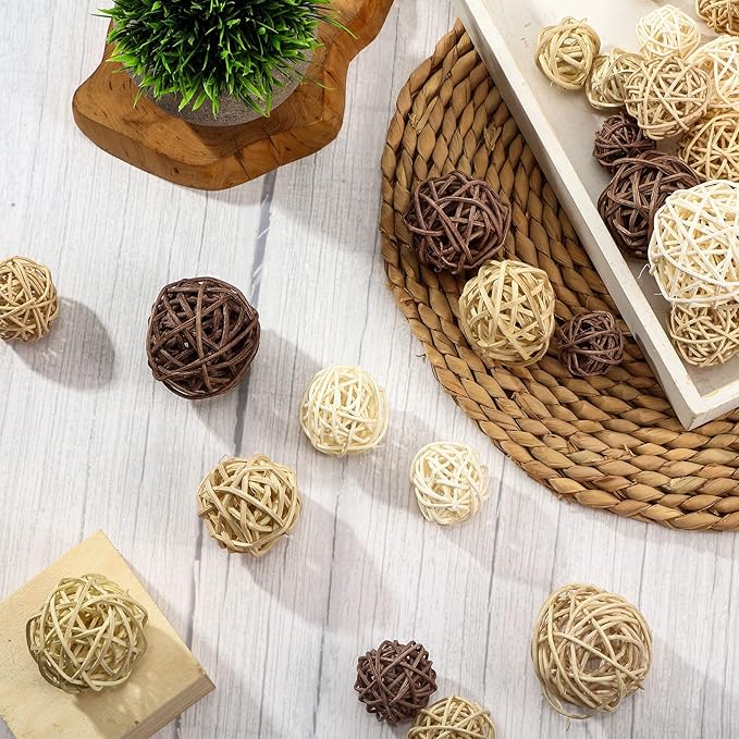 Patelai 72 Pcs Wicker Rattan Balls Decorative Balls for Vase Centerpiece Bowls Orbs Filler for Spring Summer Craft Home Decor, 4 Sizes(White, Wood, Camel, Coffee)