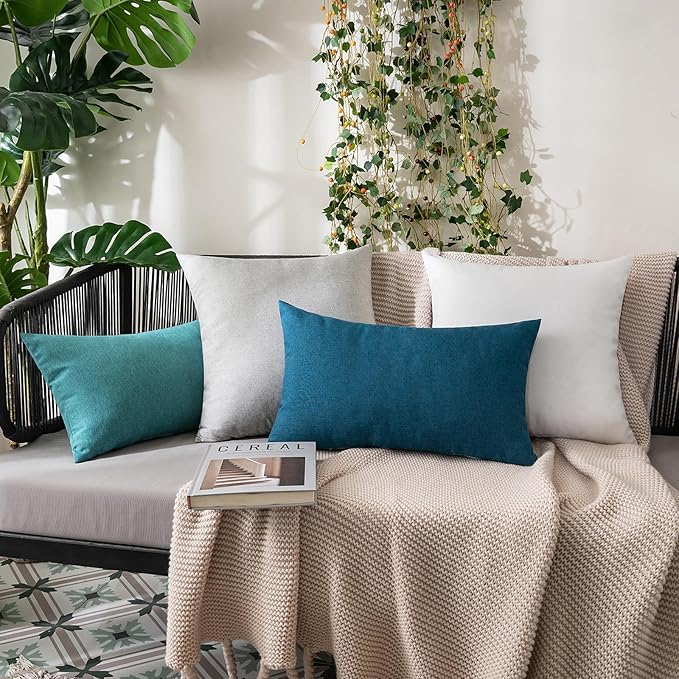 MIULEE Pack of 2 Decorative Outdoor Solid Waterproof Throw Pillow Covers Faux Linen Garden Farmhouse Coastal Cushion Cases for Summer Patio Tent Balcony Couch Sofa 16x16 Inch Blue