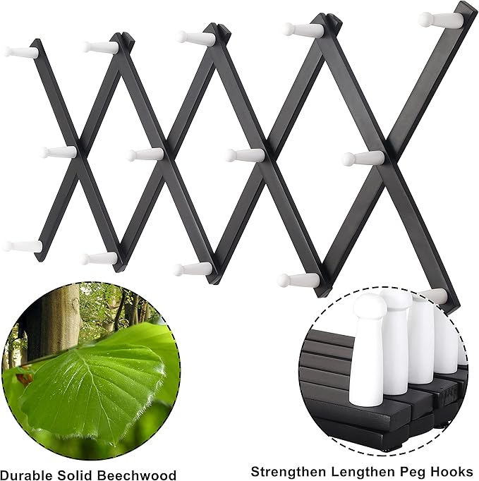 Dseap Accordian Wall Hanger: 16” High Wooden Wall Expandable Coat Rack, Hat Rack Holder, Accordion Hook for Baseball Caps, Coats, Mugs, 14 Peg Hooks, Black & White