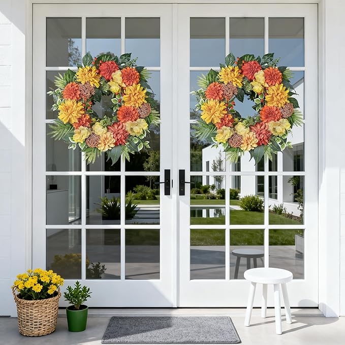 24-Inch Spring Wreath for Front Door with Hydrangeas Dahlias Daisy Silk Flowers and Berry Greenery for All Seasons Indoor Outdoor Wedding Farmhouse Porch Wall Living Room Home Wedding Decor