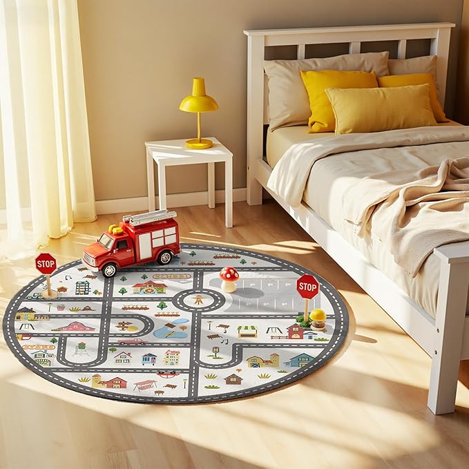 3.3ft Round Kids Town Road Car Play Rug - Non-Slip Faux Wool Carpet with Interactive City Map Design, Educational Toy Vehicle Mat for Kids, Bedroom Playroom Nursery Gift.