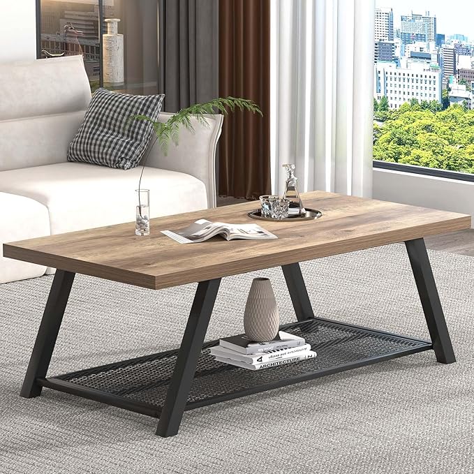 FOLUBAN Coffee Table, Modern Rustic Wood and Metal Center Table with Storage, Industrial Cocktail Tea Table for Living Room, Oak, 47 Inch