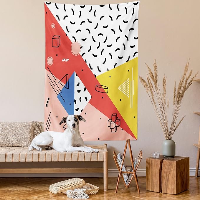Ambesonne Abstract Tapestry Twin Size, Modern Geometric Trippy Triangles Cubes Circles Rollers Dots Print, Wall Hanging Bedspread Bed Cover Wall Decor, 68" X 88", Coral Pink