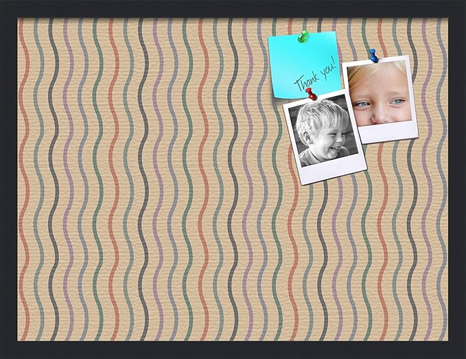 PinPix 24x18 Inch Cork Bulletin Board. This Decorative Framed Pin Board Comes with Multi Color Waves Design and a Satin Black Frame. Ideal for Home Office Decor or Message Board (PinPix-565)