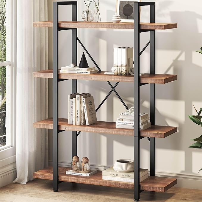 HSH Solid 4 Tier Natural Real Wood Bookshelf, 4 Shelf Rustic Wooden and Metal Bookcase, Farmhouse Open Vintage Industrial Etagere Book Shelf for Office Living Room Bedroom Storage, Distressed Brown