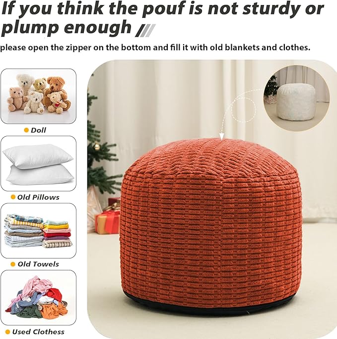 Round Stuffed Pouf Ottoman for Foot Rest, Storage Ottoman Pouf Foot Stool Cushion, Faux Fur Poufs with Foam Chunk Filling, 26 X 18 Inch Floor Chair for Living Room Bedroom Home Decor, Coral Orange