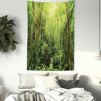 Ambesonne Rainforest Tapestry Queen Size, Tropical Rainforest Landscape Malaysia Asia Green Tree Trunks Uncultivated Wood Print, Wall Hanging Bedspread Bed Cover Wall Decor, 88" X 88", Green Yellow