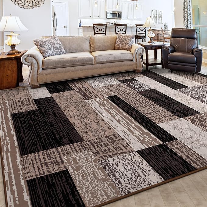 FlyDOIT Modern Geometric Patchwork Area Rug, 4x6 Chocolate Large Rugs for Living Room, Rockwood Collection Indoor Rugs for Bedroom, Throw Carpet Floor Decor for Entryway Dining Room Office Nursery